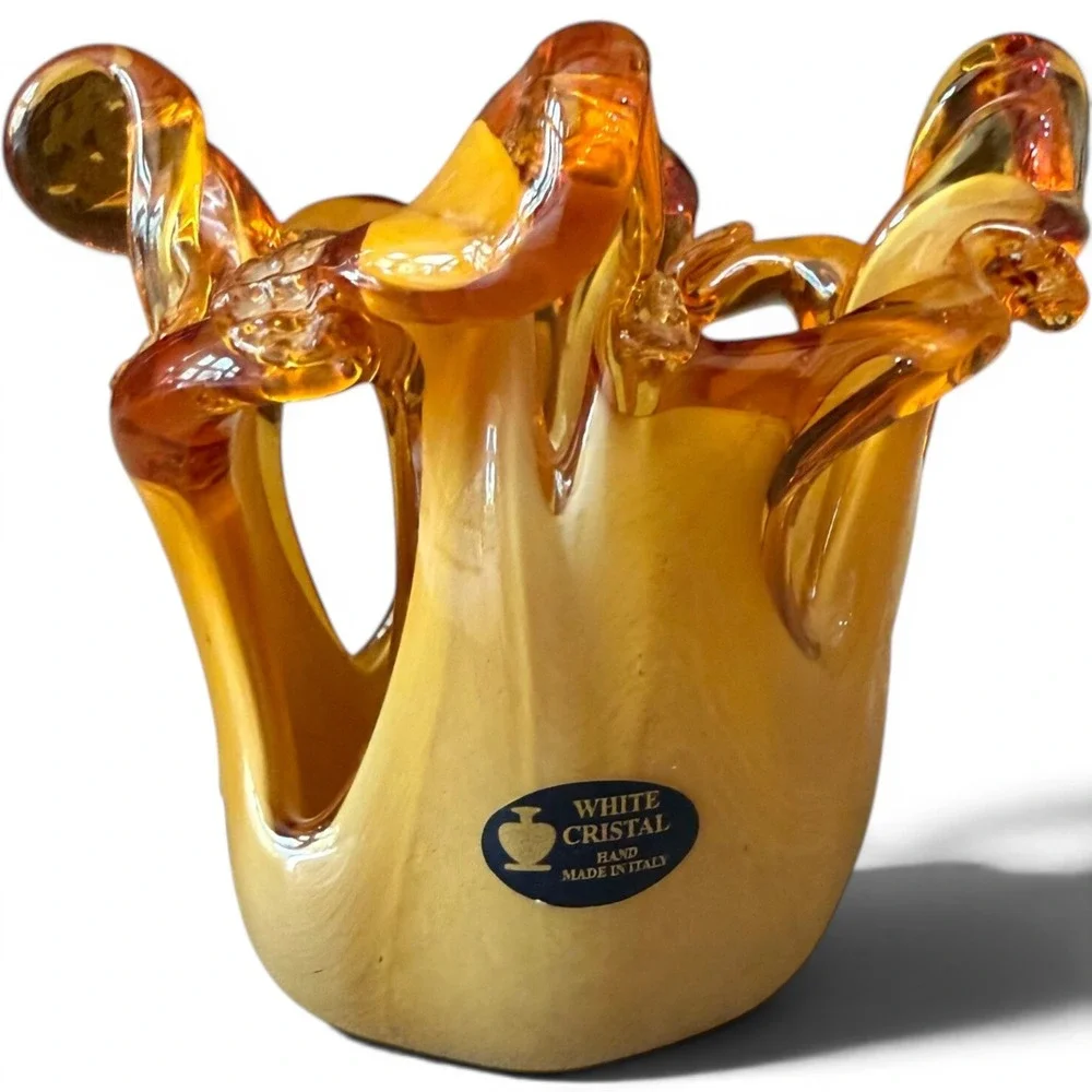 Vintage Murano Glass Vase White Cristal Hand Made Italy Amber Gold Art Glass 6